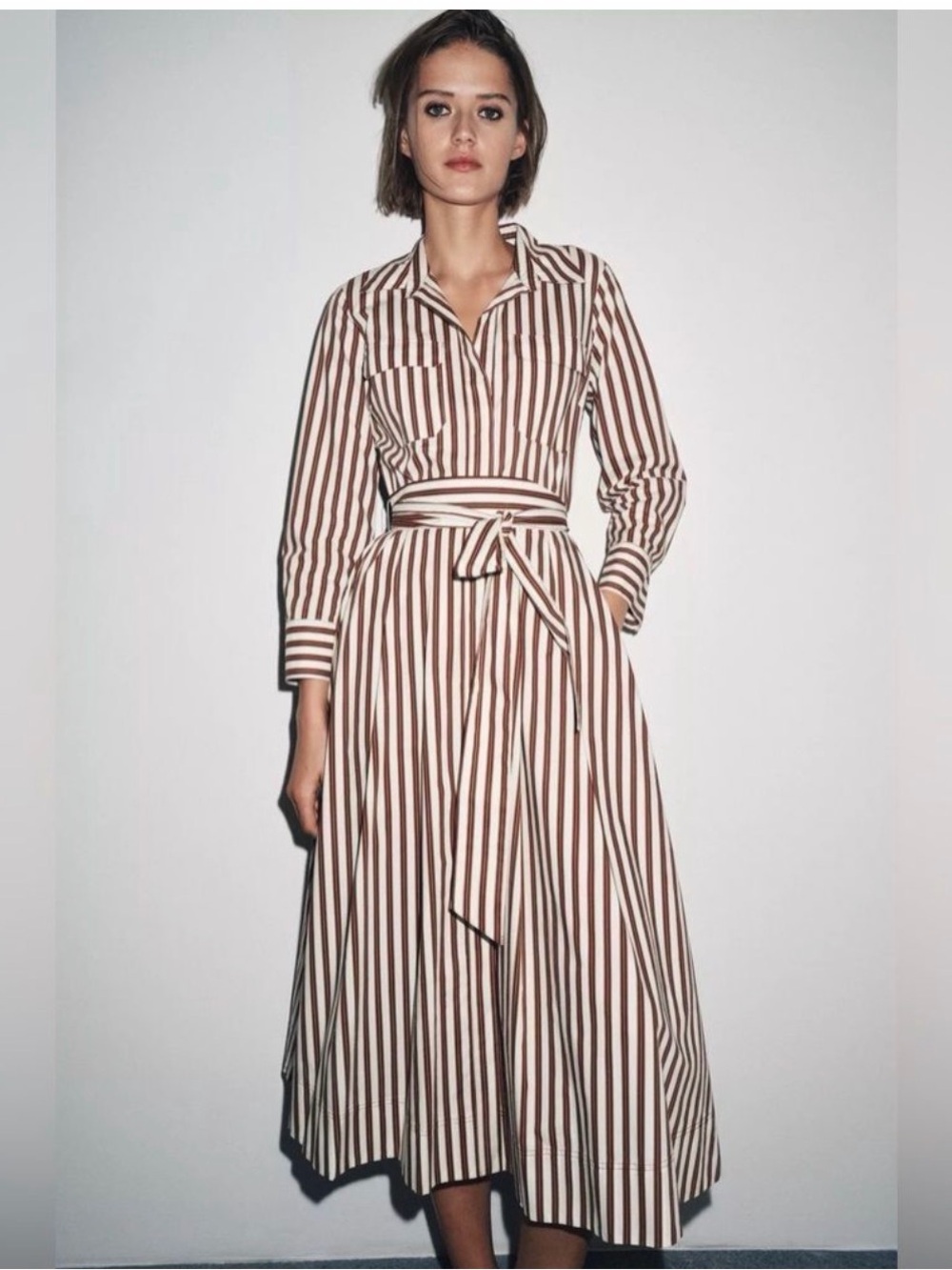 Zara ZW Collection Striped Brown and Cream Shirt Dress with Tie Waist